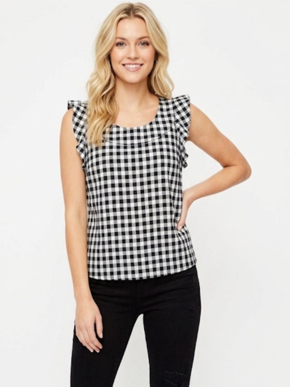 LOFT size small black checkered ruffle top